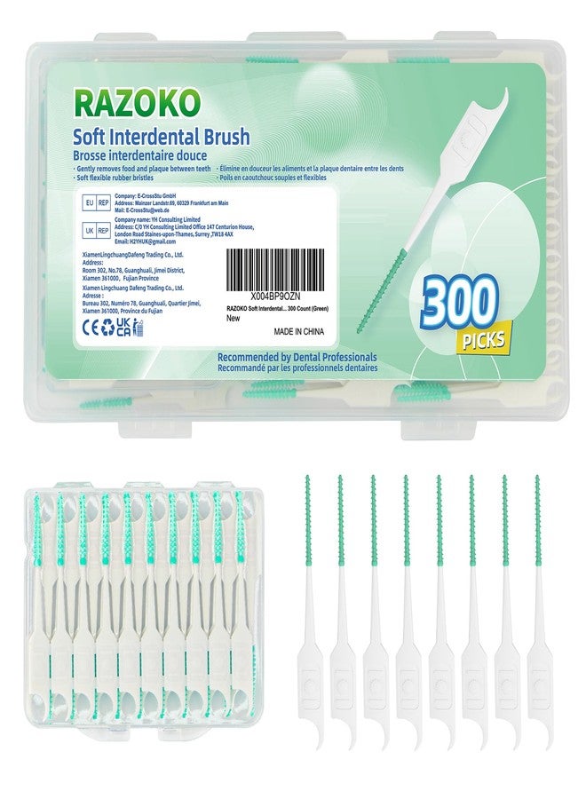 RAZOKO Soft Interdental Brushes Original, Dental Picks for Cleaning Teeth, Disposable Interdental Brushes, with Convenient Carry Case (Green, 300 Count) - Image 1